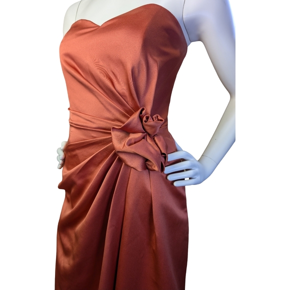 Burnt Orange Satin Strapless Cocktail Dress w/ Draped Rosette Detail, Size 6 - Picture 4 of 8